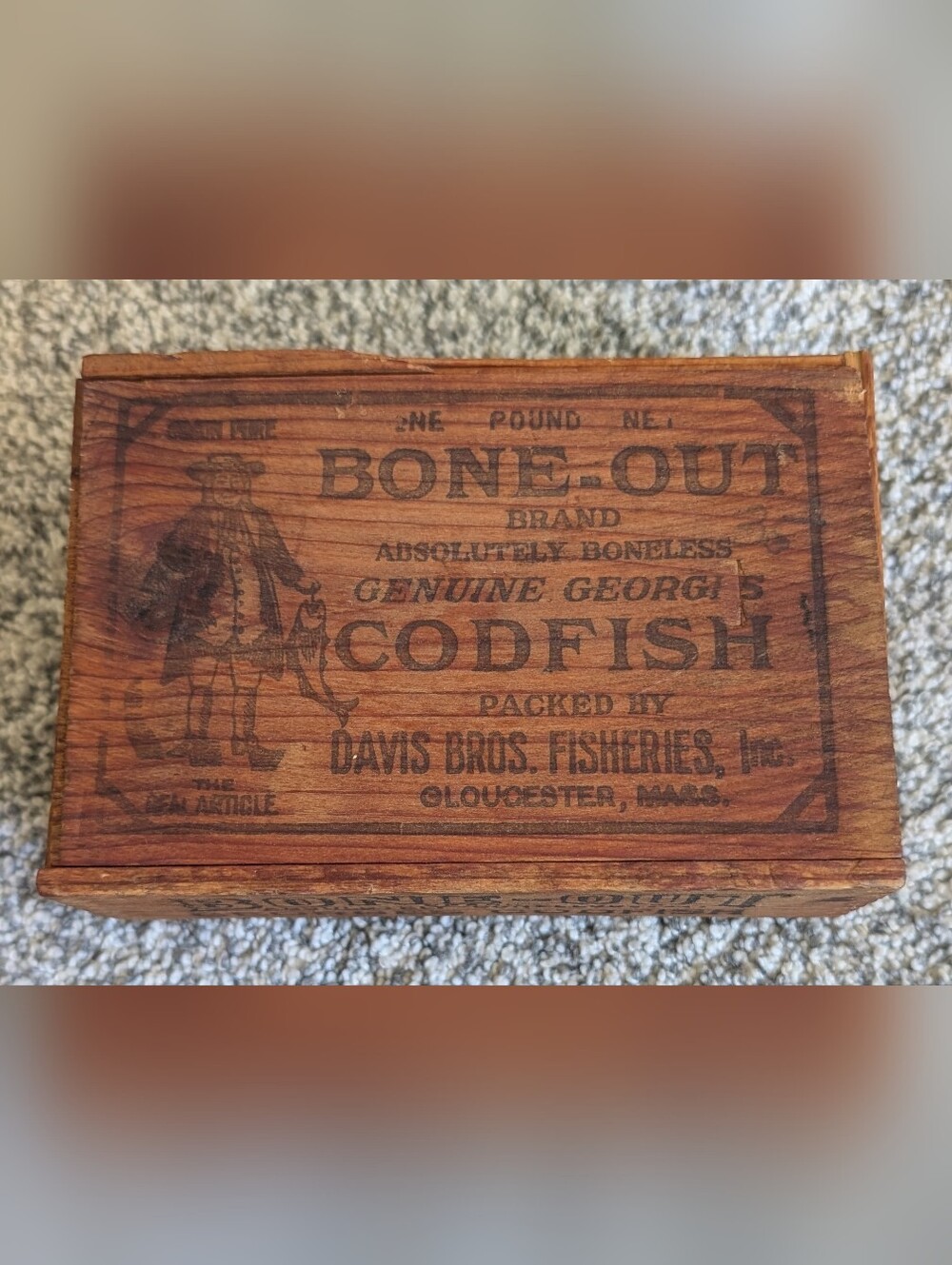1lb Bone-Out Codfish Antique Brown Wood Box David Bros. Fisheries Gloucester MA